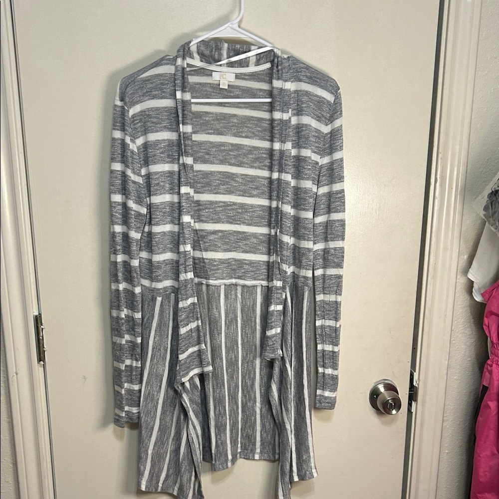 C Gray and White Striped Women's Cardigan